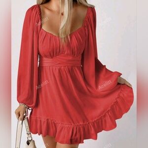 Sweetheart Neck Lantern Sleeve Ruched Bust Ruffle Hem Dress